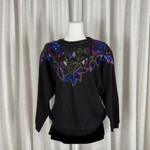 Viki International Sweater Womens Medium Black Sequin Beaded Floral Holiday